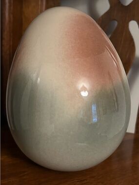 Vintage Quebec Studio Pottery Egg Sculpture Pastel Pink and Green